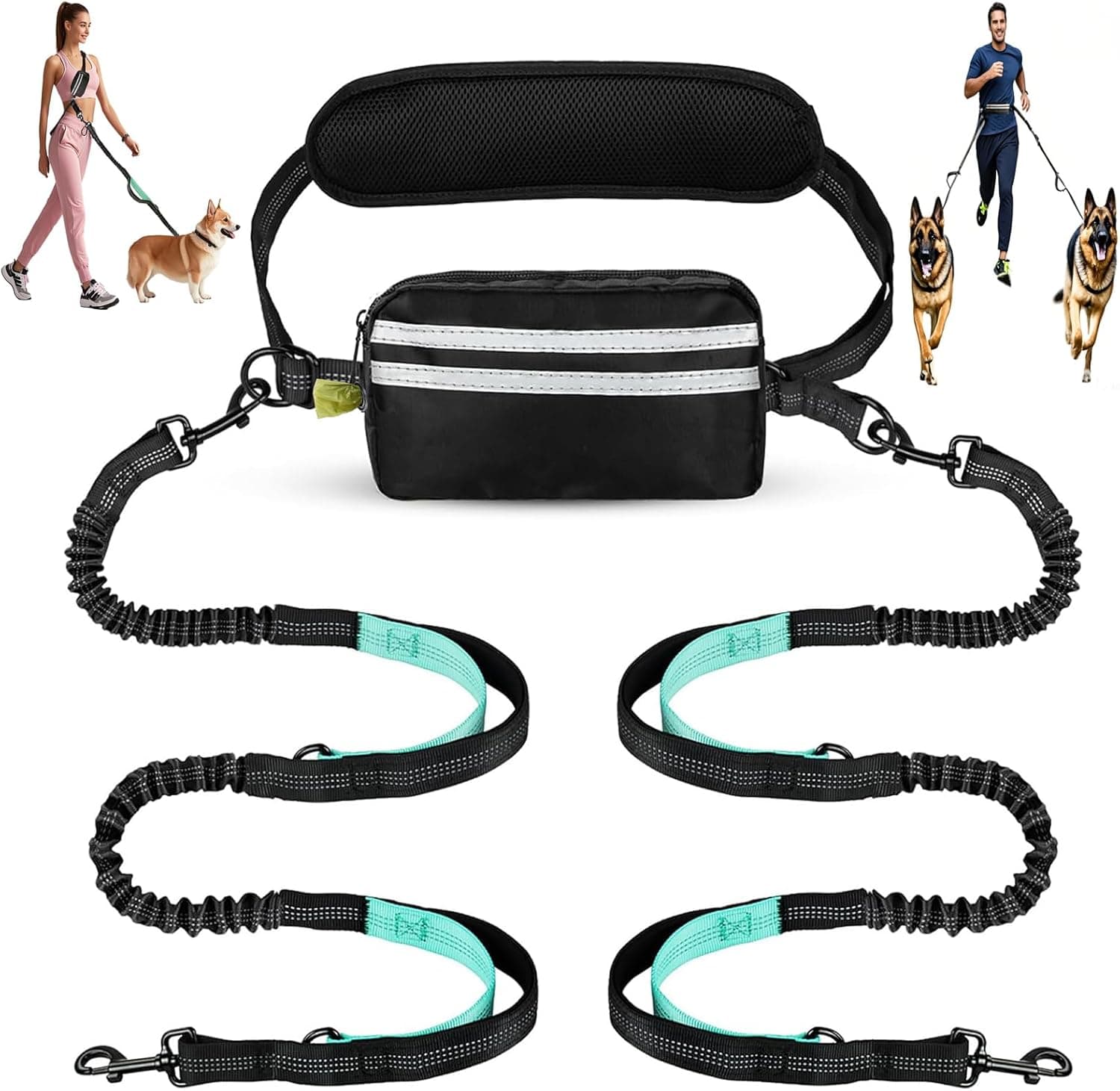 Hands Free Dual Dog Leash with Pouch for Medium & Large Dogs - Crossbody & Waist Leash for